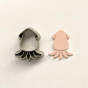 Puede incluir: Dos cortadores de galletas con forma de calamar. Uno es un contorno gris claro, y el otro es de color rosa suave. Los cortadores tienen un cuerpo redondeado y tentáculos en la parte inferior. El diseño es simple y limpio.
