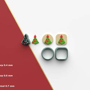 May include: A set of five Christmas tree cookie cutters, including two round cutters, one square cutter, and two tree-shaped cutters. The cutters are made of green plastic and feature a red star on top of the tree.