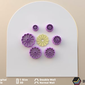 Puede incluir: Seis cortadores de galletas con forma de flor de diferentes tamaños, en morado y uno en amarillo. Los cortadores tienen una pared doble.