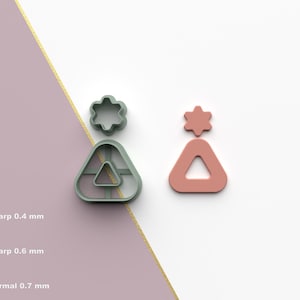 Puede incluir: Dos juegos de cortadores de galletas geométricos. Un juego es verde e incluye una forma de flor y un triángulo con un triángulo más pequeño en el interior. El otro juego es rosa e incluye una forma de flor y un triángulo.