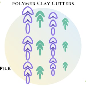 Puede incluir: Archivo digital para cortadores de arcilla polimérica. La imagen muestra una variedad de diseños de cortadores, incluyendo una forma de hoja y una serie de tres corazones. Los cortadores se muestran en morado y verde. La imagen también incluye un diagrama que muestra la diferencia entre un cortador normal y un cortador de doble pared.