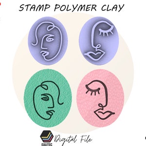 May include: Four digital files for polymer clay stamps. Each stamp features a different abstract line art face design. The designs are in shades of purple, blue, green, and pink.