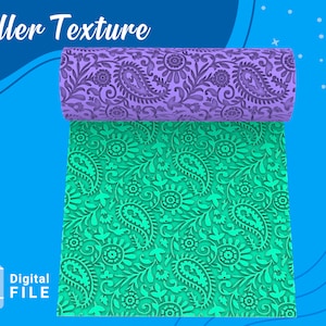 Puede incluir: Una textura de rodillo púrpura y verde con un patrón de paisley. El rodillo está desenrollado y muestra la textura del diseño. La imagen incluye el texto "Roller Texture" y "Digital FILE STL".