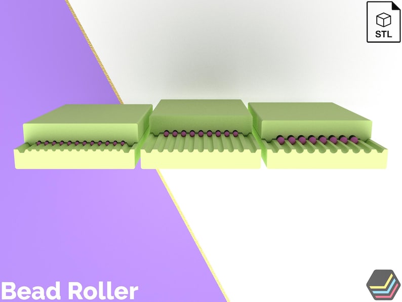 May include: A 3D illustration of a bead roller. Three green blocks with a wavy surface are shown. The middle block has a row of purple beads rolling across the surface. The text "Bead Roller" is at the bottom of the image.