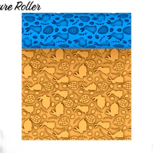 Puede incluir: Un rodillo de textura impreso en 3D con un diseño azul y amarillo con conejos y huevos. El texto "Texture Roller" está en la parte superior de la imagen.