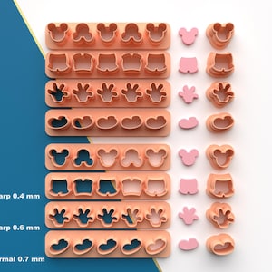 May include: An assortment of orange plastic cookie cutters in shapes like Mickey Mouse heads, shorts, and hands. The image includes pink cut-out shapes and text indicating cutting edge sharpness: 0.4 mm, 0.6 mm, and 0.7 mm.
