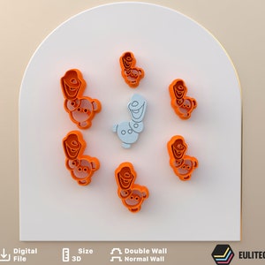 May include: Set of seven orange plastic cookie cutters featuring Olaf and Sven from the movie Frozen. The cutters are arranged in a circle on a white surface.