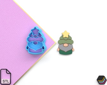 May include: Two Christmas gnome cookie cutters, one blue and one green. The blue gnome is wearing a star on its hat and the green gnome has a yellow star on its hat.