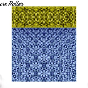 May include: A blue and yellow texture roller with a repeating geometric pattern. The roller is designed to create a decorative pattern on surfaces.
