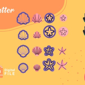 May include: A set of 10 digital cookie cutters featuring a variety of sea-themed shapes, including seashells and starfish. The cutters are purple and pink with a white background. The text "Cutter" and "Digital File" is visible in the image.