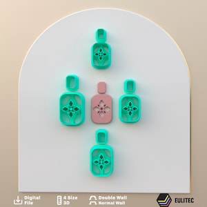 Puede incluir: Cinco cortadores de galletas en forma de botella impresos en 3D de color azul turquesa con un diseño floral decorativo. Los cortadores de galletas están dispuestos en un círculo alrededor de un solo cortador de galletas en forma de botella de color rosa.