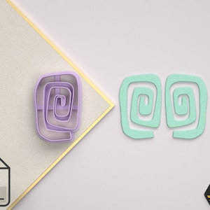May include: A 3D printed STL file for a cookie cutter shaped like a double spiral. The cutter is shown in purple and green.