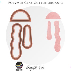 Puede incluir: Un archivo digital para un cortador de arcilla polimérica con forma de medusa. El cortador está formado por varias capas, la capa superior es un semicírculo y la capa inferior es una forma ondulada. El cortador está en tonos de rosa y marrón.