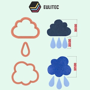 Puede incluir: Dos juegos de cortadores de galletas en forma de nube de lluvia. El primer juego es una nube marrón claro con una sola gota de lluvia. El segundo juego es una nube azul oscuro con tres gotas de lluvia. Las nubes tienen 7,6 cm y 9,4 cm de ancho, respectivamente. Las gotas de lluvia tienen 5 cm de alto.