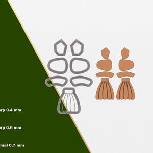 Könnte beinhalten: Ein digitaler Download eines 3D-druckbaren Modells für ein Paar Ohrringe. Die Ohrringe bestehen aus mehreren Teilen, die separat gedruckt und dann zusammengebaut werden. Die Ohrringe sind so konzipiert, dass sie wie Quasten aussehen. Das Modell ist in drei verschiedenen Stärken erhältlich: Sharp 0.4 mm, Sharp 0.6 mm und Normal 0.7 mm.