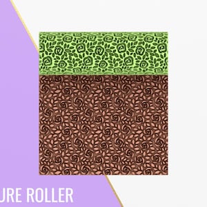 May include: A texture roller with a floral pattern. The top section is green with a rose and leaf design, while the bottom section is brown with a similar pattern. The word "TEXTURE ROLLER" is at the bottom.