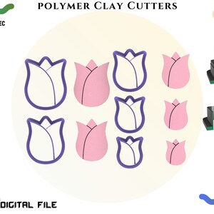 K&ouml;nnte beinhalten: Ein Satz mit neun Polymer Clay Cuttern in Tulpenform. Die Cutter sind in zwei verschiedenen Ausf&uuml;hrungen dargestellt: Doppelwand und normal. Die Cutter sind lila und rosa.