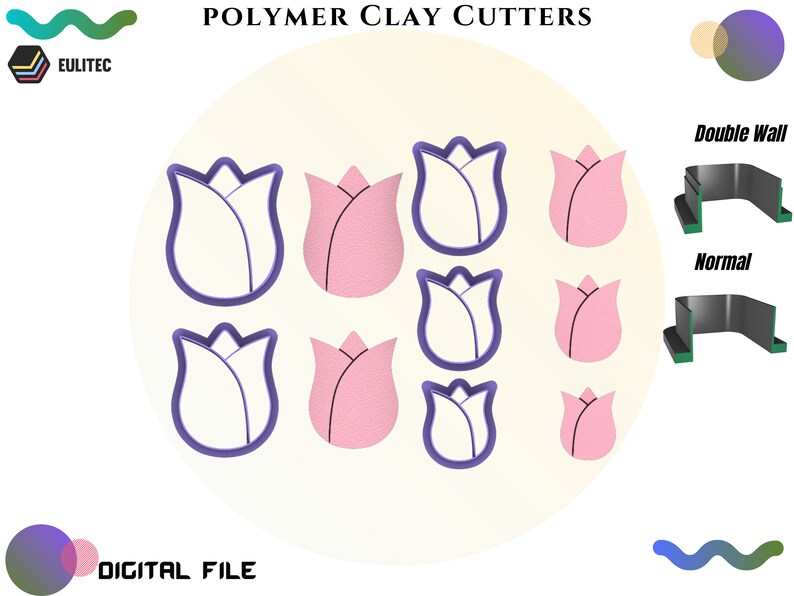 K&ouml;nnte beinhalten: Ein Satz mit neun Polymer Clay Cuttern in Tulpenform. Die Cutter sind in zwei verschiedenen Ausf&uuml;hrungen dargestellt: Doppelwand und normal. Die Cutter sind lila und rosa.