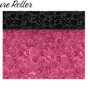 May include: A texture roller with a two-tone design. The top section is black and features a pattern of seashells and starfish. The bottom section is pink and displays a similar pattern of marine life, including seahorses. The text "Texture Roller" is at the top.