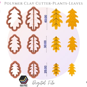 Puede incluir: Conjunto de nueve cortadores de arcilla polimérica en forma de hojas. Los cortadores son de tres tamaños, 6,35 cm, 7,62 cm y 10,16 cm. Los cortadores son de color marrón y amarillo.