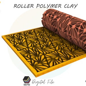 Pode incluir: Um rolo impresso em 3D com um padrão geométrico está rolando sobre uma superfície texturizada correspondente. O rolo é vermelho e a superfície é amarela. O texto "ROLLER POLYMER CLAY" está na parte superior da imagem. O texto "STL FILE" está no canto superior esquerdo da imagem. O texto "Digital File" está no canto inferior direito da imagem.