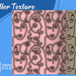 Puede incluir: Dos archivos digitales para impresión 3D, con un patrón repetitivo de caras abstractas en rosa y marrón. Los archivos están etiquetados como "Roller Texture" y están disponibles para descargar en formato STL.
