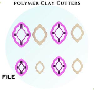 May include: Polymer clay cutters in various sizes and designs. The image shows several ornate, geometric shapes in pink and tan, with the text "POLYMER CLAY CUTTERS" and "DIGITAL FILE". Includes diagrams for double wall and normal cutter types.