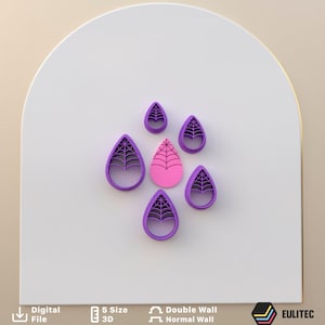 Puede incluir: Un conjunto de cortadores de galletas en forma de lágrima, morados y rosas. Los cortadores tienen un diseño similar a una telaraña en el interior. La imagen también incluye texto que dice "Digital File", "5 Size 3D", "Double Wall" y "Normal Wall".