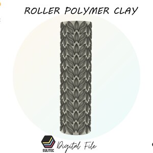 Puede incluir: Un rodillo gris para arcilla polimérica con un diseño de hojas. La imagen incluye el texto "ROLLER POLYMER CLAY", "STL FILE" y "Digital File". El rodillo está centrado sobre un fondo blanco.