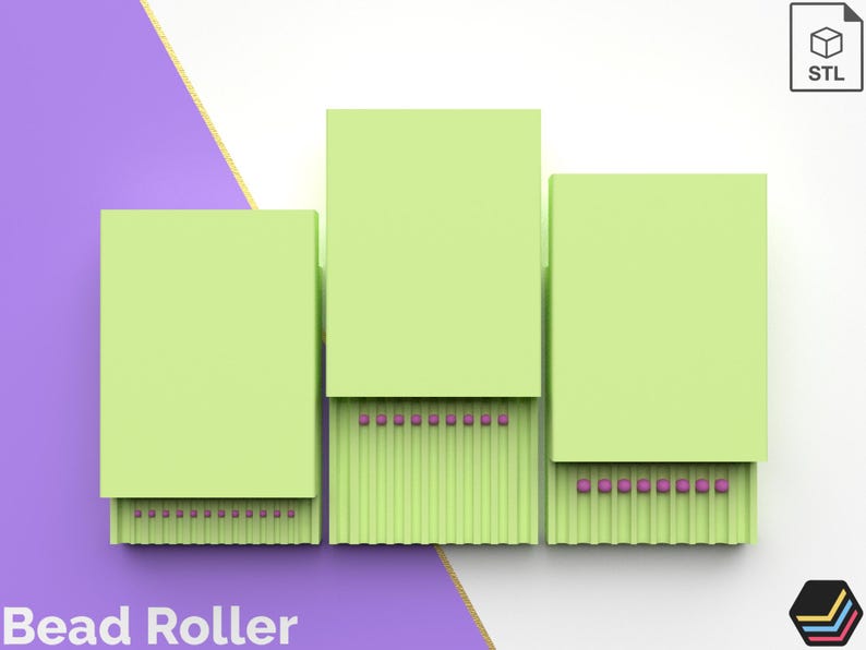 May include: A green bead roller with three sections. Each section has a series of small, purple beads that run along the bottom.