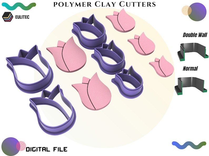K&ouml;nnte beinhalten: Satz mit sieben lila Polymer Clay Cuttern in Tulpenform. Die Cutter sind auf wei&szlig;em Hintergrund abgebildet. Das Bild zeigt auch ein Diagramm der Cutter-Dickenoptionen: Doppelwand und normal.