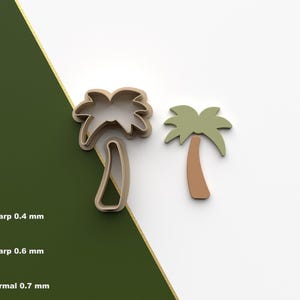 Puede incluir: Dos objetos con forma de palmera. Uno es un cortador de galletas y el otro es un producto terminado. El cortador de galletas es de color canela y el producto terminado es verde y marrón. El fondo es blanco y verde.