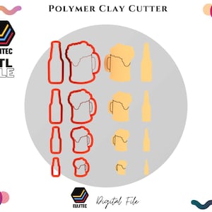 Puede incluir: Un conjunto de cinco cortadores de arcilla polimérica de color rojo, que representan una jarra de cerveza y una botella. Los cortadores están dispuestos en una fila vertical, con el cortador más grande en la parte superior y el más pequeño en la parte inferior. La imagen incluye el texto "POLYMER CLAY CUTTER" y "EULITEC STL FILE".
