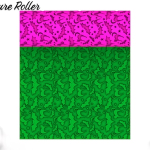 May include: A 3D printed texture roller with a green and pink design. The roller features a repeating pattern of holly leaves and stars.