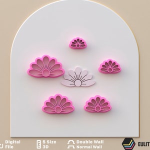 Può includere: Cinque tagliabiscotti a forma di fiore rosa di diverse dimensioni, disposti su una superficie bianca. I tagliabiscotti hanno una doppia parete e sono realizzati per la stampa 3D.