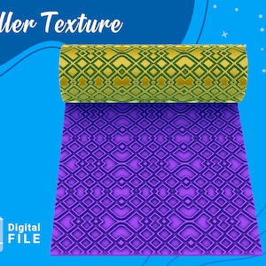 May include: A purple and green roller texture with a geometric pattern. The roller is partially unrolled, showing the texture of the design. Digital file download available.