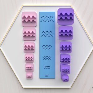 May include: Three sets of wavy, textured squares in pink, blue, and purple, arranged vertically in decreasing size. The squares are stacked on a white background.