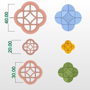 Puede incluir: Cuatro diseños de ventanas decorativos de cuatro lóbulos de diferentes tamaños. El diseño más grande tiene 40 pulgadas de alto y es de color marrón claro. Los otros diseños tienen 20 pulgadas, 30 pulgadas y 10 pulgadas de alto. Los diseños son de varios colores, incluidos azul, amarillo y verde.
