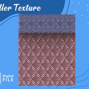 Puede incluir: Una textura de rodillo impresa en 3D con un patrón repetitivo de formas de abanico superpuestas. El rodillo se muestra en dos colores: morado y rosa.