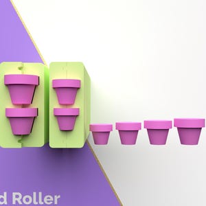 Puede incluir: Un rodillo de cuentas verde y blanco con seis moldes rosas para hacer cuentas. El rodillo de cuentas está sobre una superficie morada y blanca.