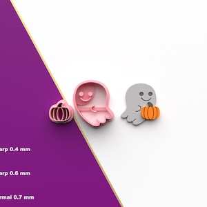 May include: Three Halloween-themed cookie cutters: a pink pumpkin, a pink ghost, and a gray ghost holding an orange pumpkin. The image also shows the STL file icon and three different cutter sharpness options.
