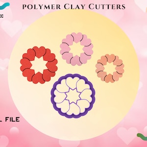 May include: Four polymer clay cutters in heart shapes. The cutters are in red, pink, and purple. The text "POLYMER CLAY CUTTERS" and "DIGITAL FILE" are visible.