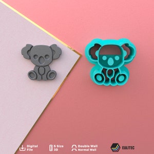 May include: A teal blue koala cookie cutter with a double wall design. The cutter is shown next to a gray 3D printed version of the same design.