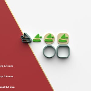 May include: Set of five cookie cutters in green, brown, and gray. The cutters are shaped like a circle, a square, and two different elf hats. The cutters are shown on a white surface.  Sharp 0.4 mm, Sharp 0.6 mm, Normal 0.7 mm.