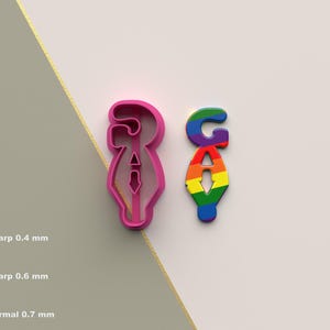 Może przedstawiać: Dwa różowe wykrawacze do ciasteczek, jeden w kształcie serca z linią w środku, a drugi w kształcie słowa "gay" w kolorach tęczy.