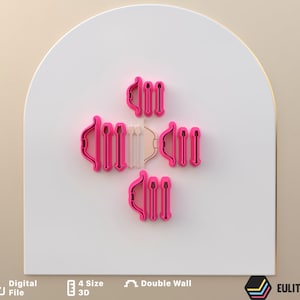 May include: A set of four pink 3D printed bow and arrow cookie cutters. The cutters are arranged in a cross pattern. The cutters are double-walled and come in four sizes.