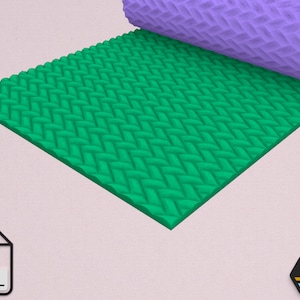 May include: A green 3D printed textured surface with a woven pattern. The surface is being unrolled from a roll of the same material.