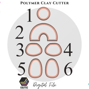 Può includere: Un file digitale per un cutter in pasta polimerica con sei forme diverse. Le forme sono numerate da 1 a 6. Le forme includono un cerchio, un semicerchio, due ovali e due rettangoli arrotondati.