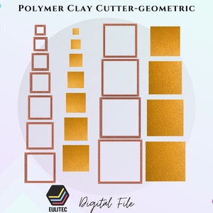 Könnte beinhalten: Bild von Polymer Clay Cuttern in einem geometrischen quadratischen Design. Die Cutter sind in verschiedenen Größen, mit einem braunen Rahmen und einem weißen Innenraum. Das Bild enthält auch strukturierte goldene Quadrate und den Text "STL FILE" und "Digital File".