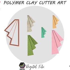 Peut inclure: Un ensemble de six découpes en pâte polymère de différentes couleurs, dont le rose, le vert, l'or et le bleu sarcelle. Les découpes ont la forme de triangles pliés. L'image comprend le texte "POLYMER CLAY CUTTER ART" et "STL FILE".